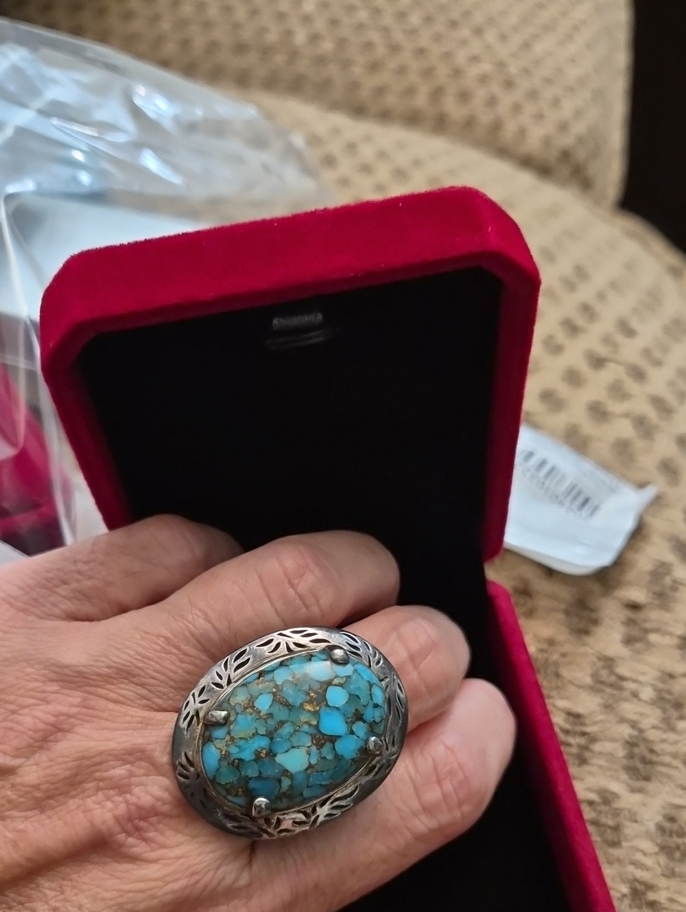 925 Stp Turquoise Mosaic Silver-Frame Statement Ring - Blue Turquoise